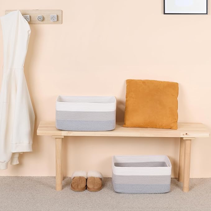 MiniArk Large Storage Baskets for Shelves, Closet Organizers Bins for Clothes Blanket Towels, Baby Nursery, Toy Baskets Box, Woven Rope Baskets, 17 x 13 x 7.5”, 3 Packs Gradient Grey