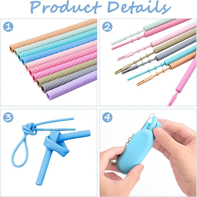 10 Sets Silicone Straws with Case, Reusable Straws Silicone Foldable, Portable Drinking Straw Set for Party Travel Cold or Hot Straw with Carry Case, Cleaning Brush(Light Color)