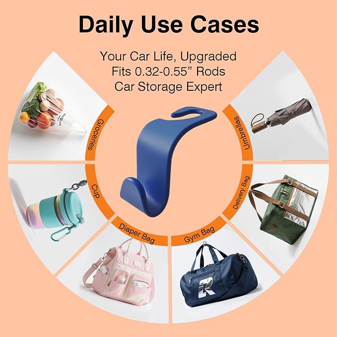 Car Seat Hooks & Purse Holder - 4 Pack Boxed,55 lb Heavy Duty,Eco PP Car Hooks for Purse/Bag/Baby Gear/Gym Bag/Groceries/Cup/,Fits 0.32-0.55”Car Headrest Rods (Dark Blue)