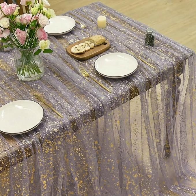 Horaldaily Grayish Purple Gold Tablecloth 60x84 Inch Rectangular, Golden Sequin Glitter Metallic Foil, Sheer Tulle Cheesecloth for Wedding Baby Shower Ceremony Birthday