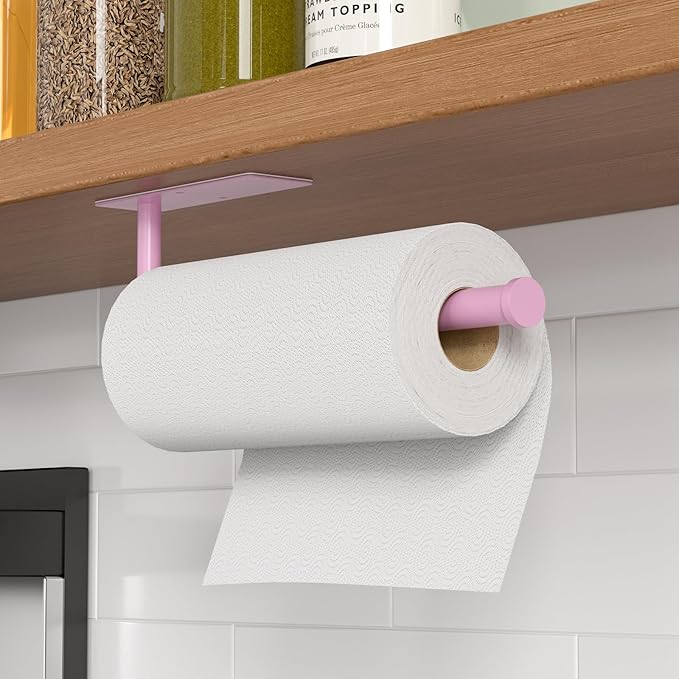 Paper Towel Holder Under Cabinet, Self-Adhesive,No Drilling, Stainless Steel, Wall-Mounted for Kitchen and Bathroom, Easy Install, Durable, Space-Saving, Ideal for Home, RV (Pink, 2 Pack)