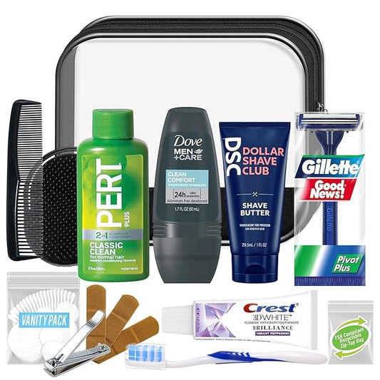 Convenience Kits International Men's 16-Piece Travel Skin Care and Body Care Kit with Shampoo, Body Wash, Lotion, Deodorant in Reusable Toiletry Bag, 40 Count Bulk Case