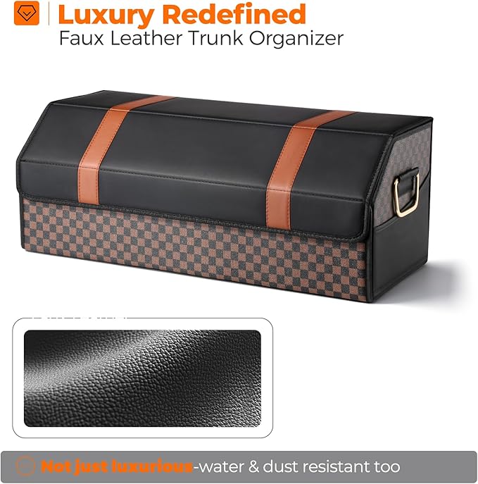 Fyzeoty Car Organizers and Storage - Trunk Organizer for SUV Car, Car Trunk Leather Storage Box, Extra Large, Magnetic Lid, Collapsible and Adjustable