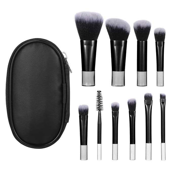 10 Pcs Mini Travel Makeup Brush Set With Pouch Black Portable Travel Size Makeup Brushes Professional Cosmetic Brush Travel Essentials kits for Brush Blush Powder Eye Shadow Women Girls