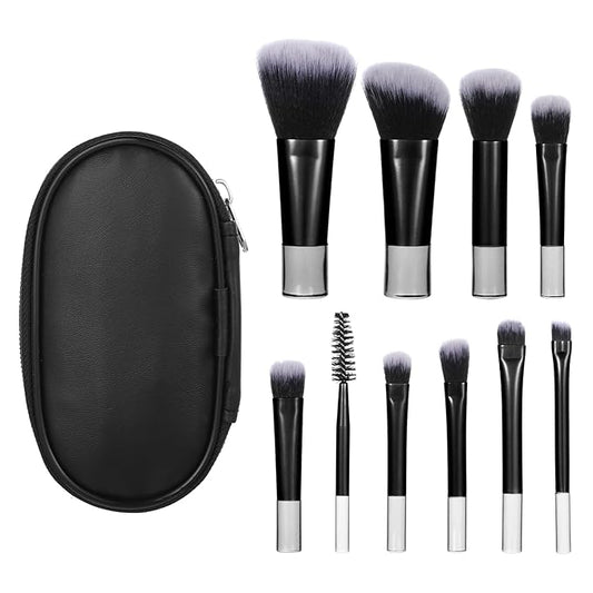 10 Pcs Mini Travel Makeup Brush Set With Pouch Black Portable Travel Size Makeup Brushes Professional Cosmetic Brush Travel Essentials kits for Brush Blush Powder Eye Shadow Women Girls