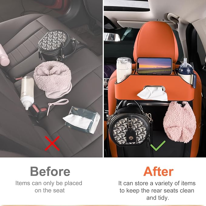 Sancaral Car Rear Backseat Extra Multifunctional Drink Cup Holder Organizers with Tissue Storage Box Organizer & Hooks for Car Seat Back. Orange