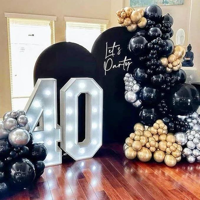 Black Gold Silver Balloons Arch Kit,Metallic Chrome Silver and Black Gold Clear Balloon With 18/12/5 Inch Different Sizes for Birthday Graduation Baby Shower Disco New Years Party Decorations
