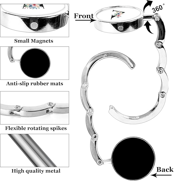 XSUIOY 3Pcs Personalized Initial Foldable Purse Hook for Table,Crushed Flower Letters Folding Purse Hanger,Purse Holder Handbag Hanger Collection Desk Table Bag Hooks Gifts for Women Bag(Black-V)