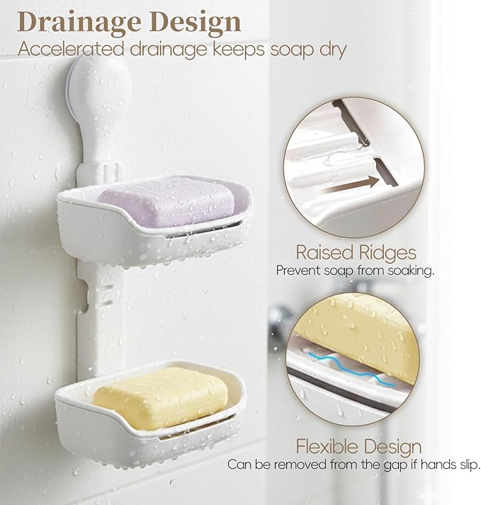 Double Soap Holder, Strong Hold Suction Cup Soap Dish, No Drill Double Layer Tray for Sponge and Bath Essentials, Wall Mount Organizer for Bathroom & Kitchen Sink, White