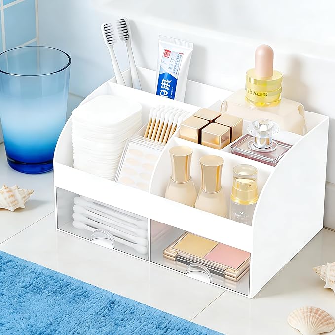Makeup Organizer with 2 Drawers, Cosmetic Storage for Dresser Vanity and Bathroom Countertop, Makeup Organization and Skincare Storage with Beauty Brush Holder, Cosmetic Display Case (White)
