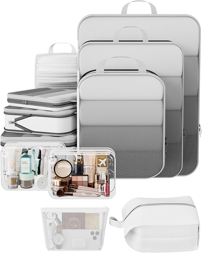 Veken 11 Set Compression Packing Cubes for Travel Essentials, Compressible Expandable Large Luggage Suitcase Organizer Bags for Clothing, Durable Space Saver Storage Bags with Toiletry Bags (White)