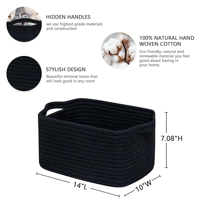 CubesLand Cube Storage Organizer Basket Bin, Rectangular Cotton Rope Basket, 14x10x7.08Inches, Black