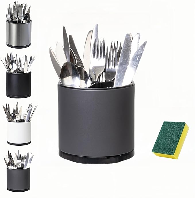 Utensil Holder, 360° Rotating Kitchen Utensil Holder For Counter, Cooking Silverware Organizer Stainless Steel Caddy Flatware Spoon Spatula Tool Cutlery Container