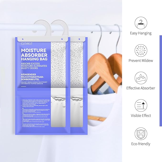 CLEVAST Moisture Absorbers Packets - 15.2 OZ, 6 Pack Large Dehumidifier Bags for Closet, Hanging Humidity Absorber in Wardrobes, Bedrooms, Bathrooms - Unscented