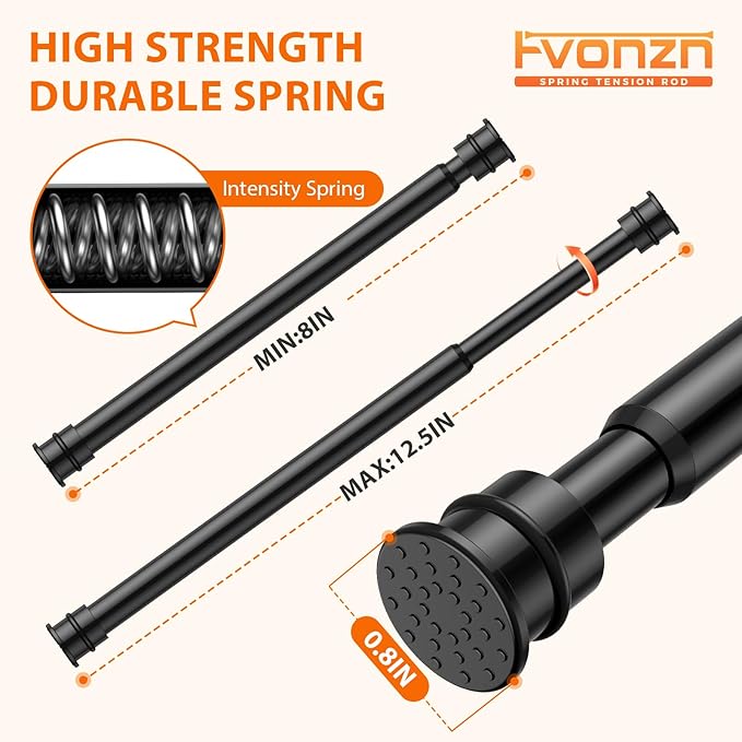 Fvonzon 4 Pack Small Tension Rods 8-12.5 Inch, Thin Tension Curtain Rod, Mini Spring Rod for Closet, Cabinet & Kitchen, Tiny Curtain Rod Tension, Short Closet Rods, Black