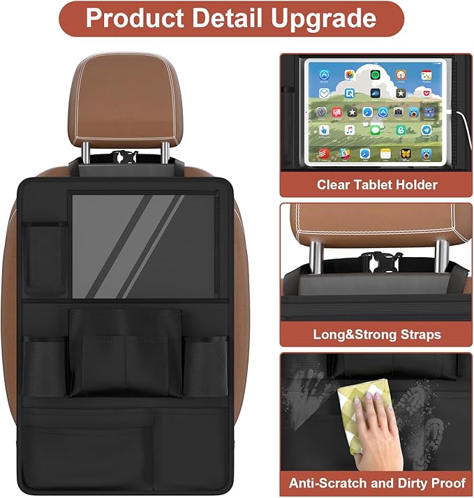 Backseat Car Organizer with Touch Screen, 2 PACK Car Organizer Kick Mats Back Seat Protector with 10pcs Storage Pockets, Car Seat Back Organizers Storage for Kids Road Trip Essentials