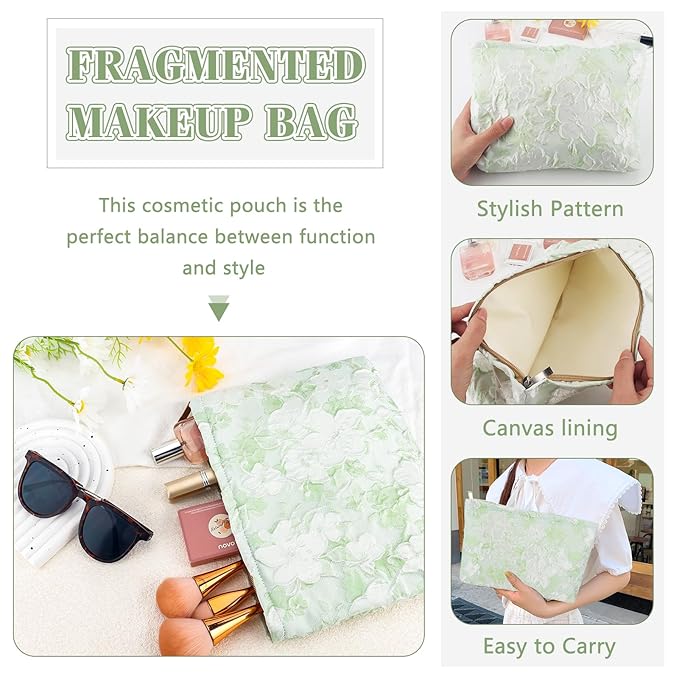 ZLFSRQ Flower Makeup Bag for Women Girls Teens Travel Cute Floral Cosmetic Bags Large Zipper Cosmetic Pouch for Purse Portable Toiletry Bag Aesthetic Embossed Green Makeup Brushes Storage Organizer