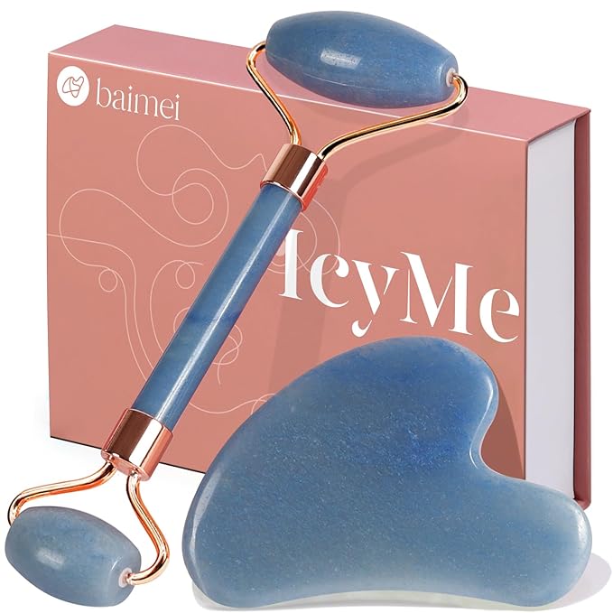BAIMEI IcyMe Jade Face Roller & Gua Sha, Facial Beauty Roller Skin Care Tools, Self Care Gift for Men Women, Massager for Face, Eyes, Neck, Relieve Fine Lines and Wrinkles - Blue