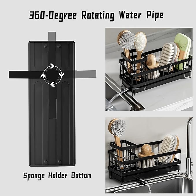 BGRQRIQ Large Sponge Holder for Sink, Stainless Steel Sink Caddy Organizer with Rotatable Spout - Kitchen Sink Organizer for Sponges, Brushes, Detergent & Sink Stopper - Space Saving Home Essentials