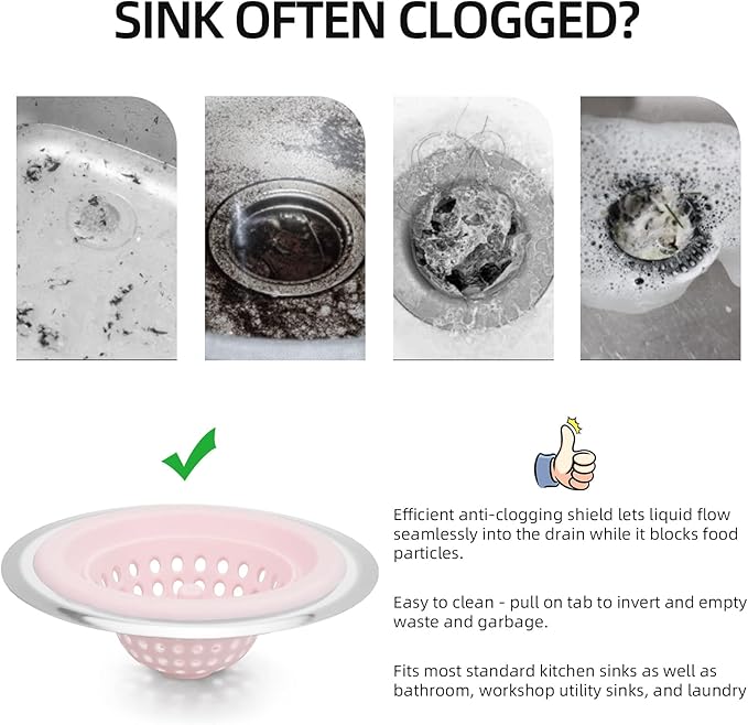 2 PCS Kitchen Stainless Silicone Sink Strainer, 4.5 inch Diameter… (Light Pink)