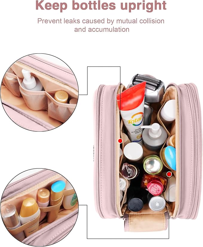 Toiletry Bag for Men & Women, Cruise Ship Travel Essentials, Shaving Dopp Kit with Dry and Wet Separation, Water-resistant Bathroom Cosmetic Organizer Bag, Makeup Accessories with Trolley Belt, Pink