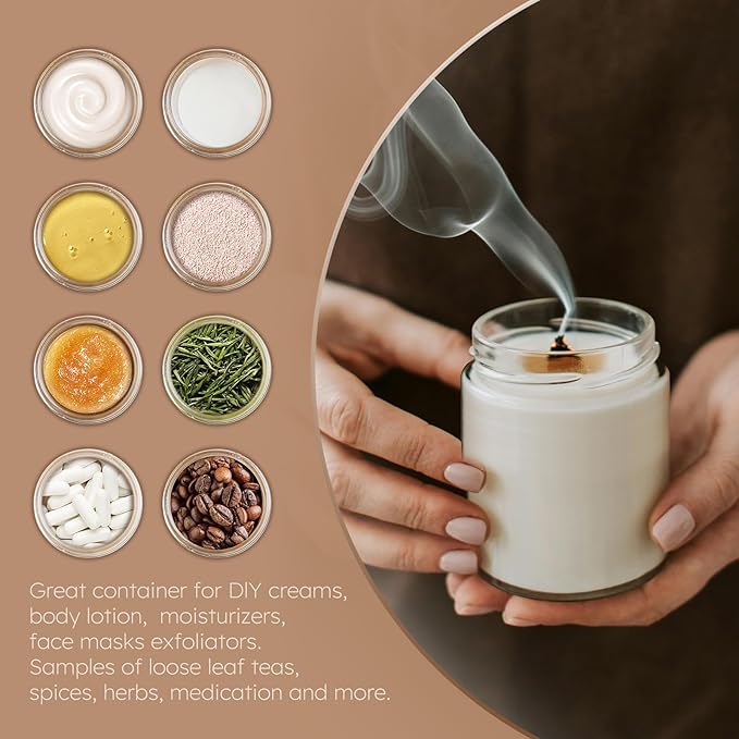 8 OZ Glass Jars with Lids, 2 Pcs Candle Jars with Plastic Woodgrain Lids & Inner Liners, Reusable Travel Containers for Creams, Makeup, Lotion, Cosmetic
