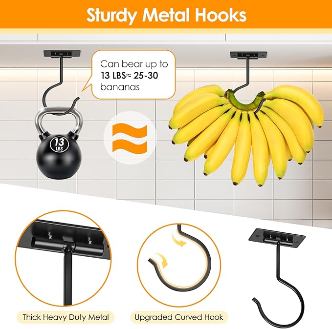 2PCS Self Adhesive Banana Hook Under Cabinet Foldable Banana Hanger Black Metal Under Counter Banana Hook to Keep Bananas Fresh Banana Holder for Kitchen RV Space Saving