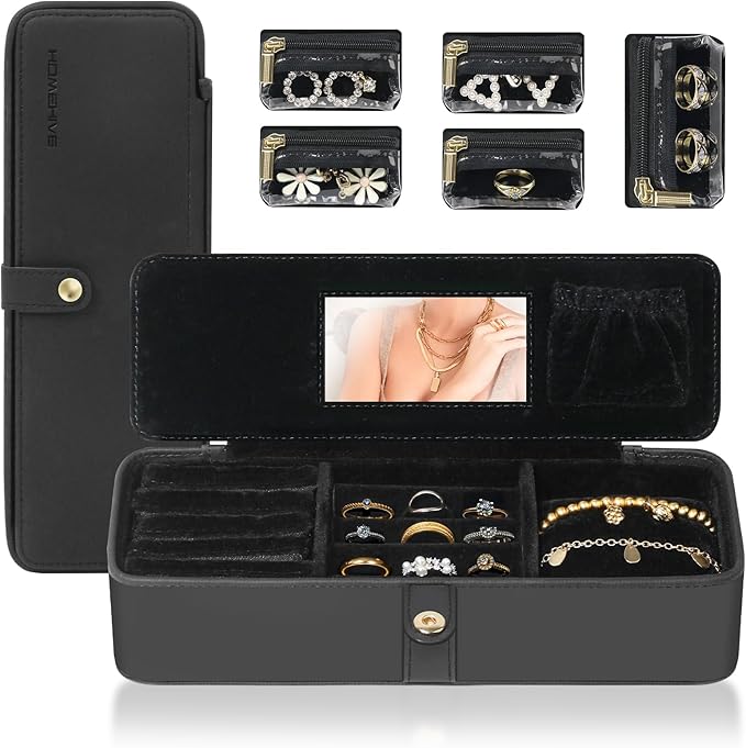 Travel Jewelry Organizer Box – Leather Jewelry Case Gift for Women and Girls – Jewelry Organizer and Storage with 5 Anti-Tarnish Velvet Pouches & Mirror – Portable for Trips and Daily Use
