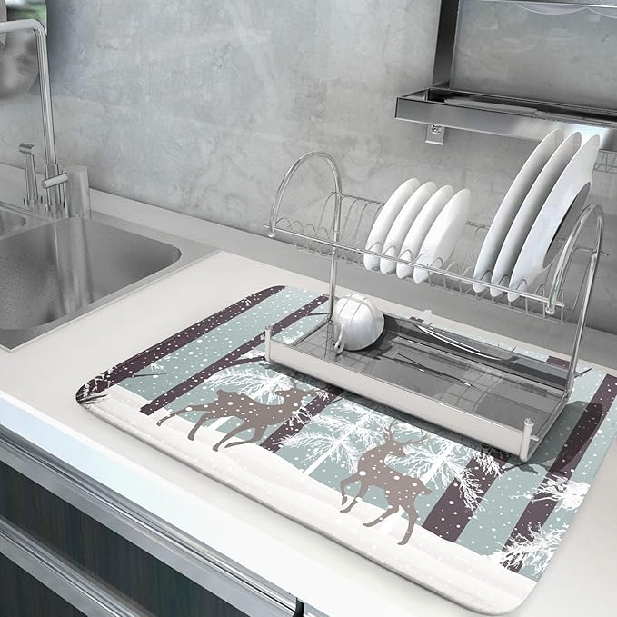 Winter Wildlife Deer Dish Drying Mat for Kitchen Counter,Xmas Landscape Snow Tree Ivory Drying Mat 18 x 24 Inch with High Absorbent Microfiber Drainer Mat for Coffee Bar
