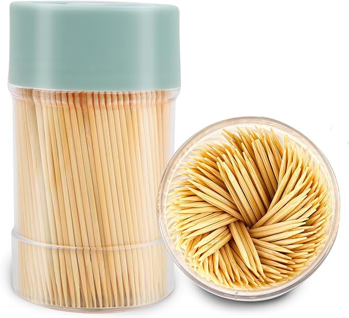 Bamboo Toothpicks [3000 Count] - With Reusable Toothpick Holder, Sturdy Smooth Finish Tooth Picks, for Party, Appetizer, Olive, Barbecue, Fruit and Teeth Cleaning, Green.