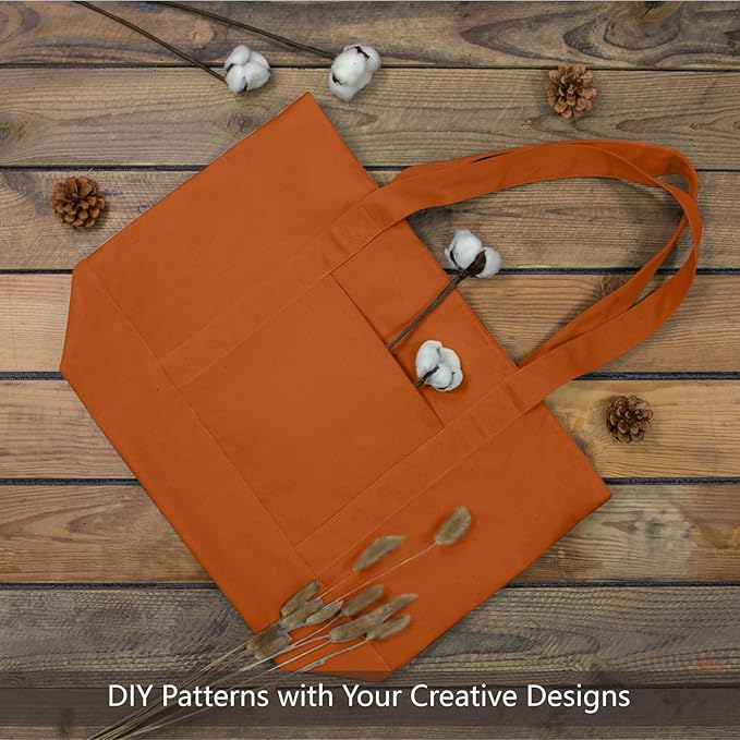 TOPDesign 3-Pack Canvas Tote Bags with an External Pocket, Reusable Grocery Shopping Bags, Top Zipper Closure, Daily Essentials (Orange)