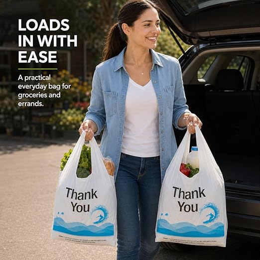 YoYoRain 100 Count Plastic T-Shirt Carry Bags with Handles, Durable Retail & Merchandise Shopping Bags for Grocery and Take-Out