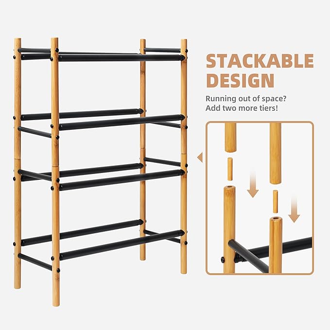 STORAGE MANIAC Expandable Shoe Rack, 8 Pairs Stackable Small Shoe Rack, Metal Adjustable Shoes Organizer for Closet, Entryway, Hallway, Garage, Front Door, Shoe Shelves, Bamboo 2 Tier
