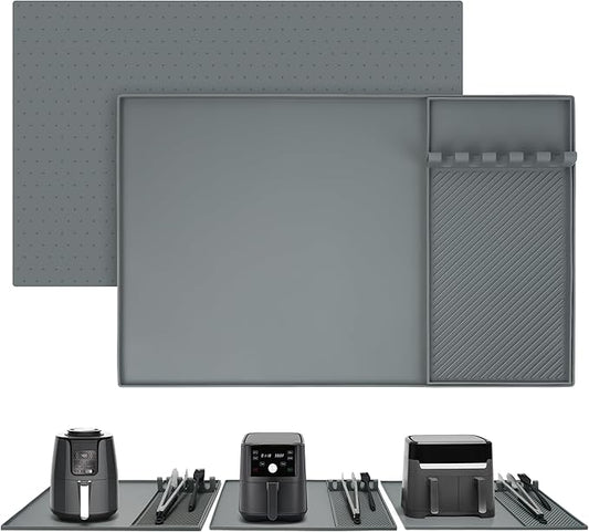 24x16 Inch Silicone Mat for Kitchen Counter, Kitchen Essentials and Gadgets - Silicone Air Fryer and Coffee Mat Set - Heat Resistant Mat for AirFryer, Microwave, Oven, Coffee Machine (Gray)