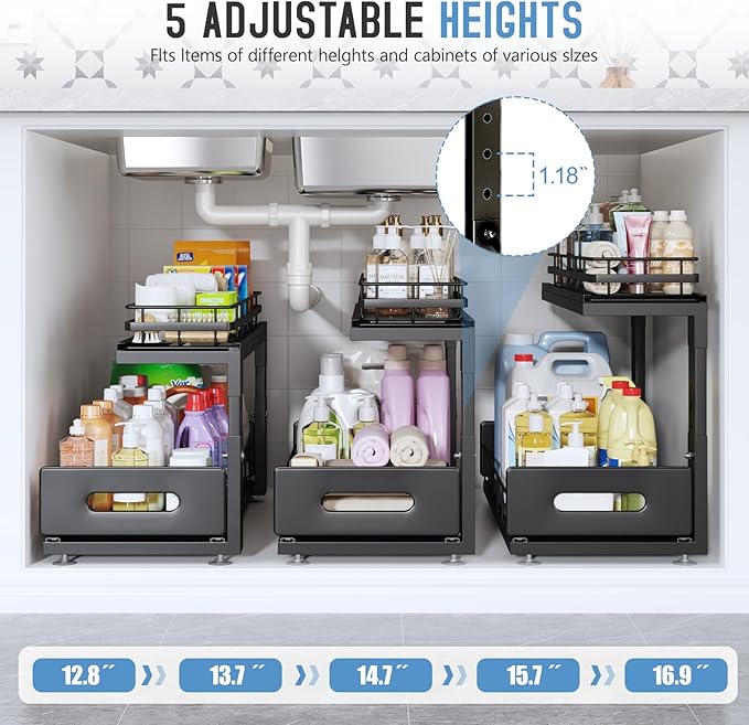 1 Pack 18 IN Depth Under Sink Organizer with Smooth Ball Bearing Slides, 2-Tier Pull Out Cabinet Storage, Slide Out Drawers for Bathroom&Kitchen, Rust-resistant Coating, Height Adjustable - Black