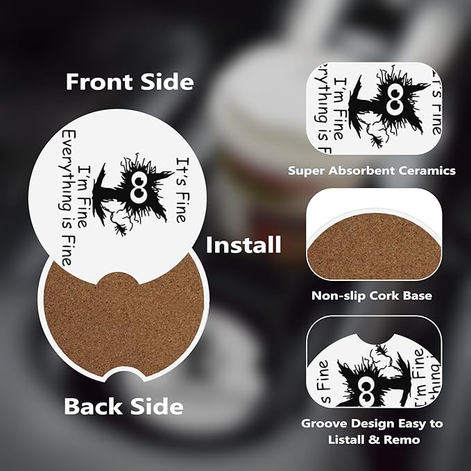 Car Cup Holder Coasters, 2 Pcs Ceramic Coasters with Cork Back and Finger Slot, Anti-Slip Shock Absorbing Women and Men Universal Car Accessories - Fine Cat