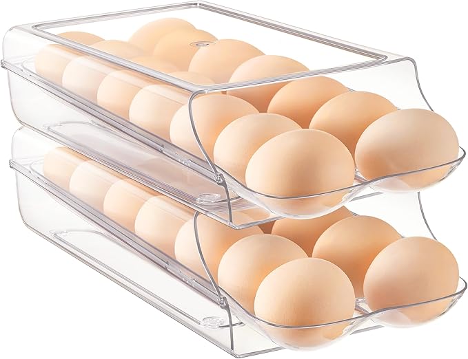 Vtopmart Clear Plastic Egg Holder for Fridge, Automatic Rolling Egg Container for Refrigerator, Stackable 14-Count Eggs Organizer with Removable Inner Tray, Fridge Organizers and Storage, 2Pack