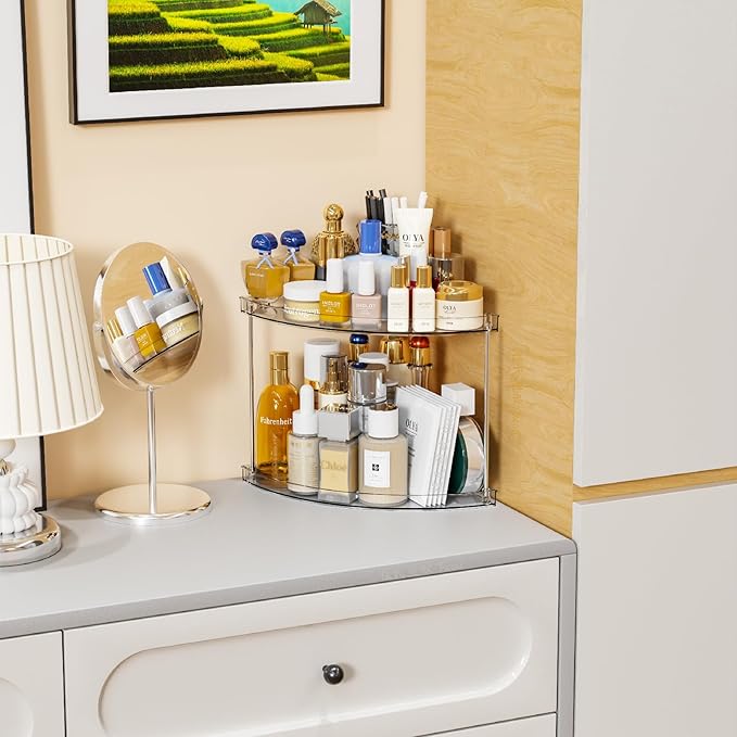 Yieach Clear Corner Bathroom Counter Organizer,2Tier Tiered Countertop Corner Shelf for Perfume,Beauty Products,Makeup Organizer,Skincare Organizers,Vanity Storage Tray for Bedroom,Bathroom Sink Shelf