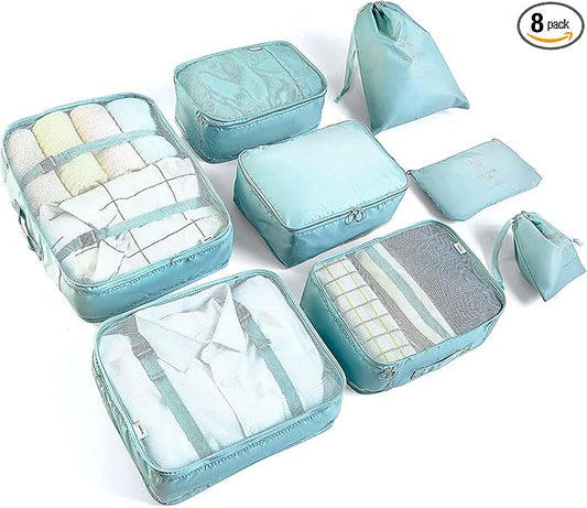 LANSKLBD 8 Set Packing Cubes for Suitcases Travel Luggage Packing Organizers, Travel Essentials Accessories Luggage Organizer with Shoe Bag Toiletry/Laundry Bag (light blue)