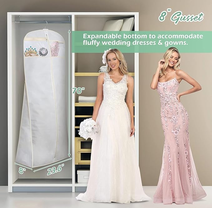 MISSLO 70" Bridal Wedding Gown Dress Garment Bag with Accessories Pouch Large Travel Garment Cover 8" Gusset (White)