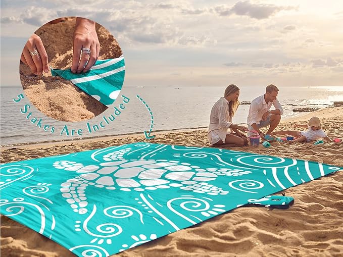 WEKAPO Beach Blanket Waterproof Sandproof Oversized Extra Large Sand Free Beach Mat with Stakes, Storage Bag - Essentials for Outdoor Beach, Picnic (Gradient Teal Sea Turtle, 11 X 9 FT (1~10 Person))