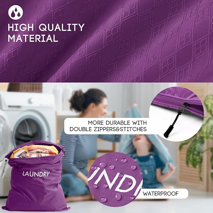 Travel Laundry Bag (2 Pcs - Large + Medium) - Foldable Waterproof Washable Wet Dry Bag for Gym, Swimming, Yoga, and Workout Perfect for Dirty Clothes, Bathing Suits, Travel Accessories (Purple)