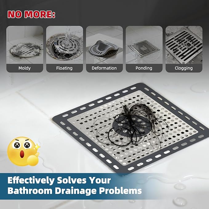 Hibbent Upgraded Shower Drain Hair Catcher, Shower Drain Cover for Bathroom Floor 6" Drain, Anti-Clogging Bathtub Drain Strainer, Stainless Steel Kitchen Sink Drain Strainer with Handle, Dark Grey