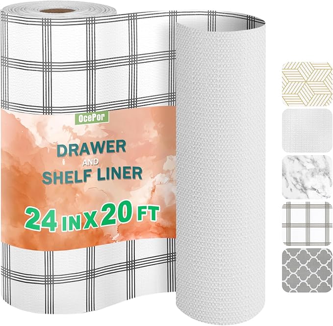OcePor Non-Adhesive Drawer and Shelf Liner 24IN x 20FT，Non Slip Cabinet and Cupboard Liner, Kitchen Cabinet Liners for Shelves, Waterproof Drawer Shelf Liners for Cabinets/Bathroom Cupboard, Stripe