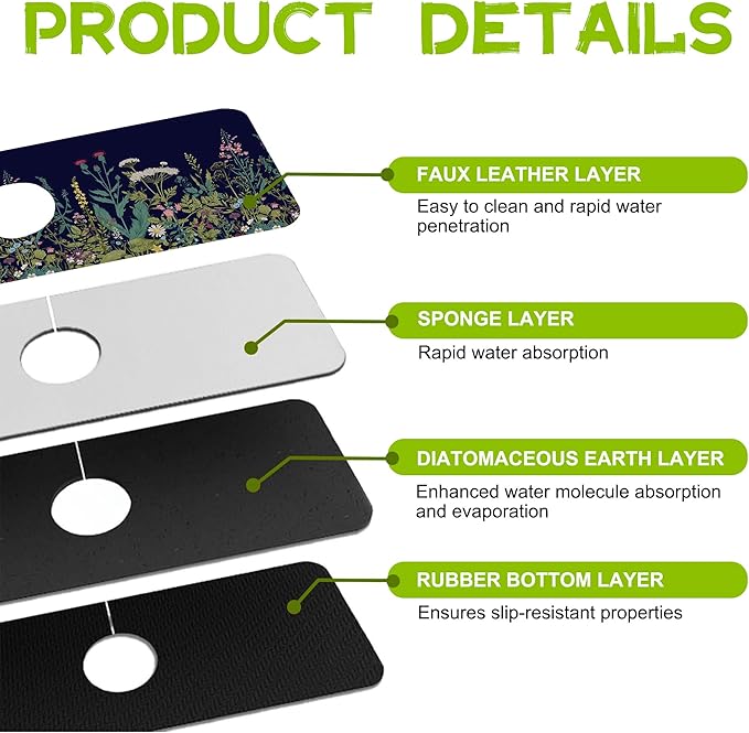 Colorful Herbs and Wild Flowers Kitchen Sink Splash Guard Faucet Mat Super Absorbent Fast Drying Mat Guard Behind Faucet Drip Catcher for Kitchen Bathroom, 15.5"X5.5"