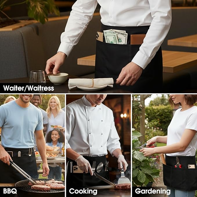BOHARERS 3 Pack Waitress Aprons with Pockets - Women Men Black Waist Aprons Half Server Apron with Extra Long Straps