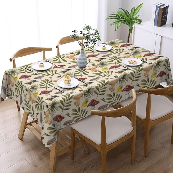 VIMPEYDON Forest Mushroom Table Cloth for Dining Tables, Reusable Herb Botanical Tablecloths Kitchen Plant Green Leaves Tabletop Decoration Rectangle Table Cover for Holiday,Party,Picnic, 54x72 Inch