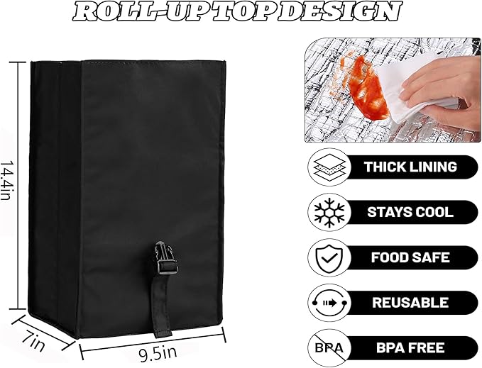 Insulated Foldable Lunch Bag - Lightweight Portable with Adjustable Shoulder Strap Lunch Box for Men, Women, Office, Work, Picnic, Hiking and Beach (Black (Soft Fabric))