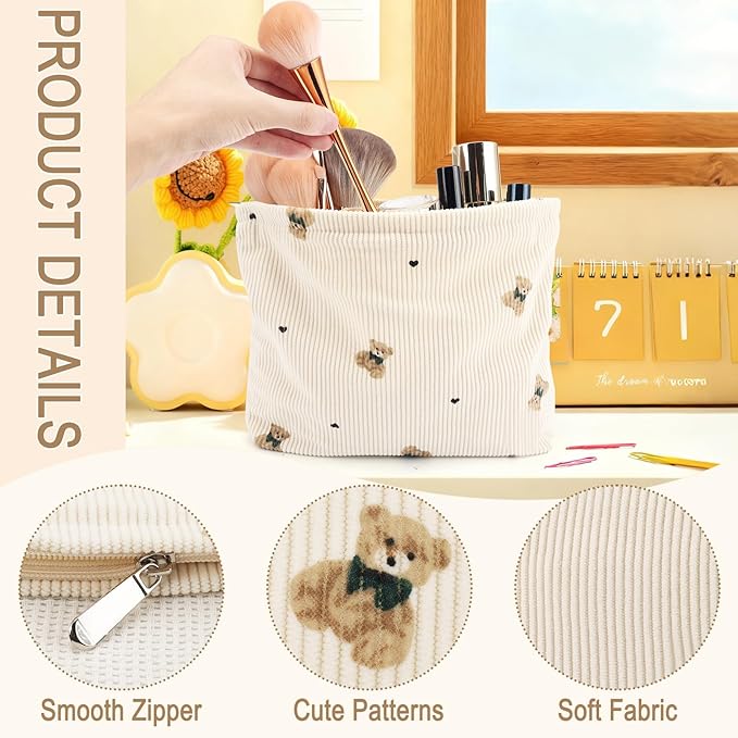 ZLFSQR Corduroy Makeup Bag for Women Small Corduroy Cosmetic Bag Large Cute Bear Travel Makeup Pouch for Purse White Cloth Cosmetic Pouch Zipper Storage Organizer Canvas Toiletry Bags