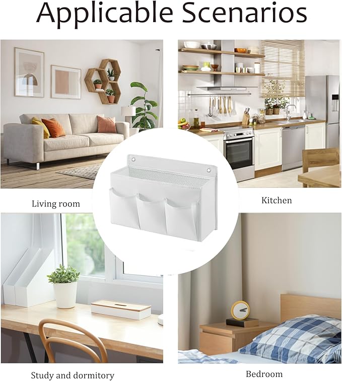 2-Pack Hanging Storage Baskets - Wall Organizer with 3 Pockets for Home/Dorm/Closet/Door, Multi-Purpose Space Saver for Office/Bathroom/Nursery - Foldable Fabric Organizer (White)